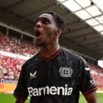Ghanaian defender Jeremie Frimpong reacts to Leverkusen's draw with Bayern Munich