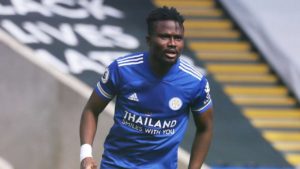 Ghana defender Daniel Amartey watches from the bench as Leicester City labour to draw 1-1 at Leeds