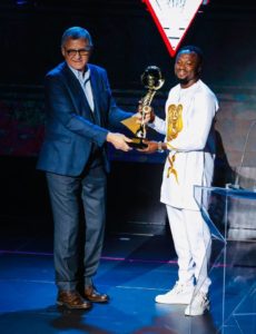 Ludogorets forward Bernard Tekpetey reacts after scooping Best foreign player award in Bulgaria