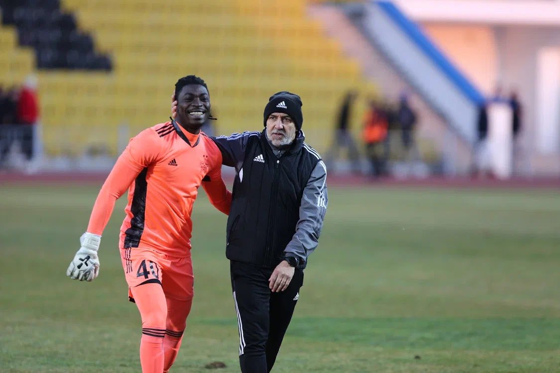 Ghana goalie Razak Abalora reacts to FC Sheriff victory over FC Zaria Balti in Moldova
