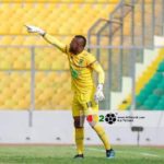 Goalkeeper Danlad Ibrahim reacts to Asante Kotoko's win against Bechem United