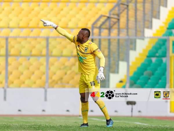 Goalkeeper Danlad Ibrahim reacts to Asante Kotoko's win against Bechem United