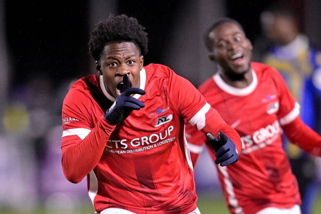 Jayden Addai reacts to scoring a hat trick against Telstar