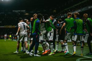 Ghanaian midfielder Emmanuel Essiam reacts to FC Basel’s Europa Conference League semifinals qualification