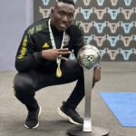 Goalkeeper Richard Ofori reacts to winning the NedBank Cup with Orlando Pirates