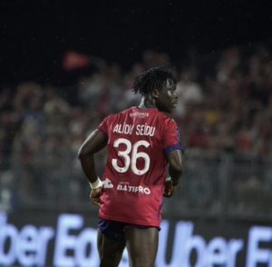 Ghana defender Alidu Seidu reacts to Clermont Foot’s final home win against Lorient in France