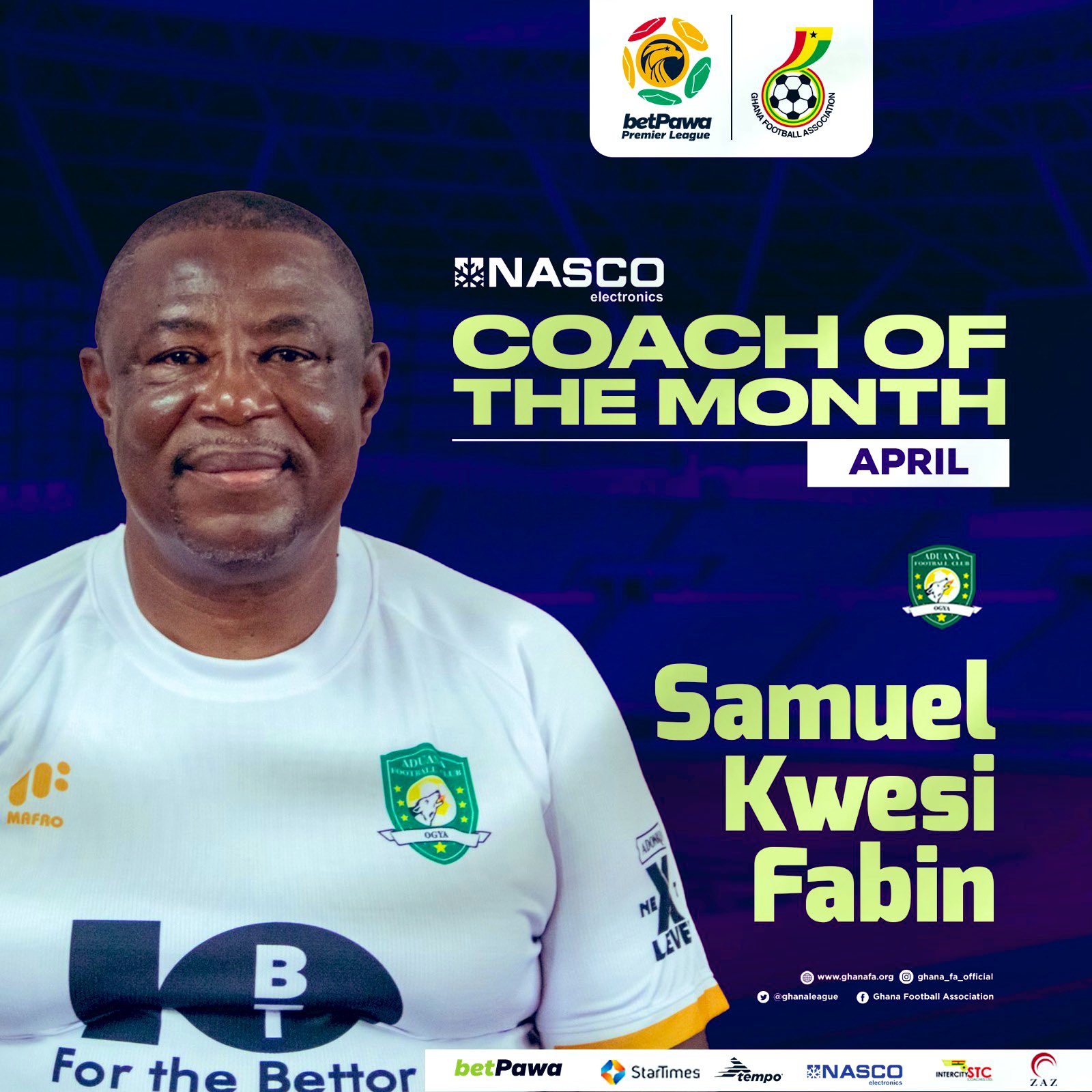 Aduana FC's Paa Kwesi Fabin named NASCO Coach of the Month for April