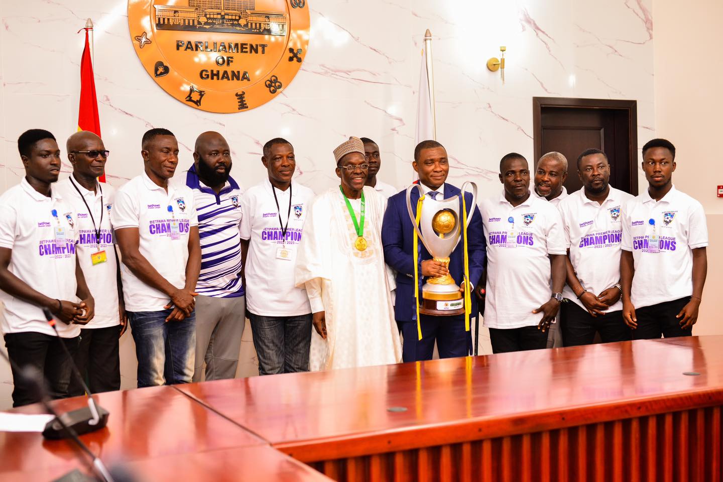 Pictures: Ghana Premier League champions Medeama SC present trophy to Speaker of Parliament