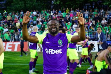 Ghana forward Bernard Tekpetey reacts after winning Bulgarian League to complete 'double' with Ludogorets