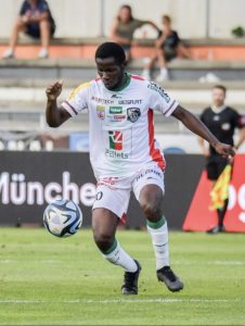 Ghanaian midfielder Augustine Boakye reacts to Wolfsberger AC's season opener win over BW Linz in Austria