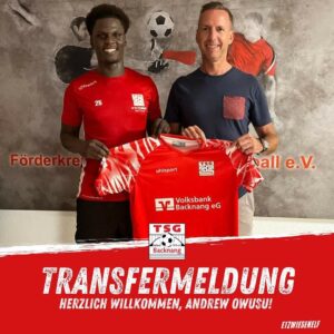German lower-tier club TSG Backnang seal the signing of Ghanaian midfielder Andrew Owusu