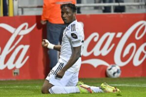 Ghanaian youngster Isaac Nuhu reacts after opening goal scoring account for KAS Eupen