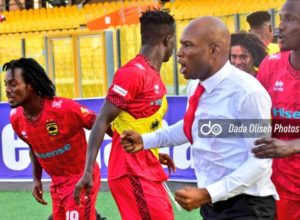 Asante Kotoko goalkeeper Danlad Ibrahim reacts to the return of Prosper Ogum as head coach