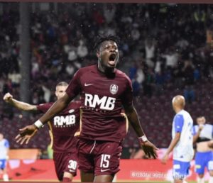 Ghanaian forward Emmanuel Yeboah reacts after scoring to earn point for CFR Cluj