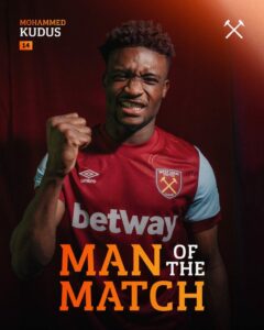 Ghana’s Mohammed Kudus wins man of the match in West Ham United’s comeback win over Backa Topola