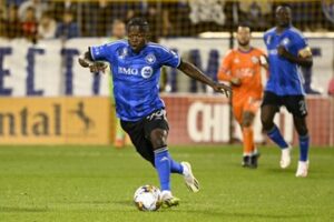 Ghanaian forward Kwadwo Opoku reacts after scoring in CF Montreal’s stalemate against FC Cincinnati