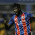 Samuel Obeng reacts to scoring first goal of the season against Alcorcon