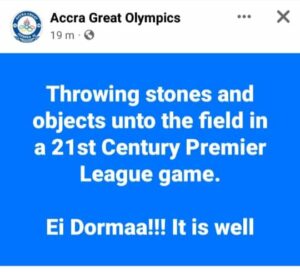 Great Olympics accuse Aduana Stars fans of stone peddling after Domaa defeat