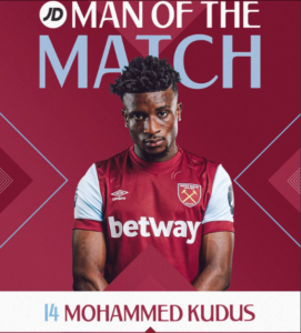 Mohammed Kudus named Man of The Match in West Ham United's EFL Cup win over Arsenal