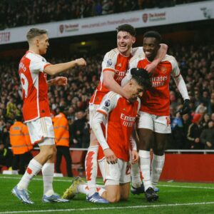 Arsenal forward Eddie Nketiah reacts after win over Brighton