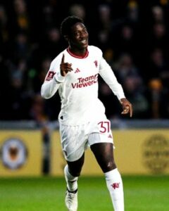 Midfielder Kobbie Mainoo reacts after scoring first Manchester United goal in FA Cup win over Newport