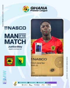 Asante Kotoko midfielder Justice Blay wins Man of the Match award after 1-0 win over Gold Stars