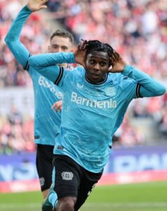 Dutch-born Ghanaian Jeremie Frimpong reacts to Bayer Leverkusen’s derby win over FC Koln