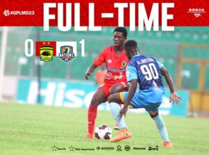 2023/24 Ghana Premier League Week 23: Nations FC serve Asante Kotoko a fourth consecutive defeat after a 1-0 win