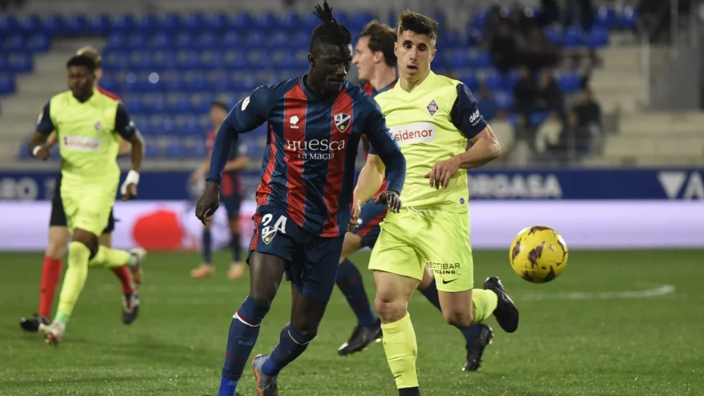 Ghanaian striker Samuel Obeng scores for SD Huesca against FC Andorra