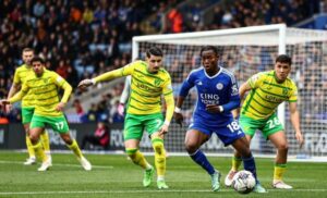 Ghana winger Fatawu Issahaku reacts after Leicester City’s win over Norwich City in England