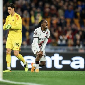 Ghanaian defender Jeremie Frimpong reacts to Bayer Leverkusen’s away win over Roma in Europa League semifinals