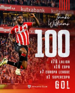 Ghana forward Inaki Williams reaches 100 goals for Athletic Bilbao in Osasuna stalemate