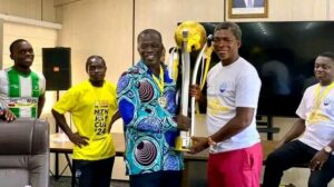 Nsoatreman FC presents MTN FA Cup trophy to club owner Ignatius Baffour-Awuah