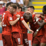 Ghanaian forward Aaron Opoku reacts to scoring against SSV Ulm 1846