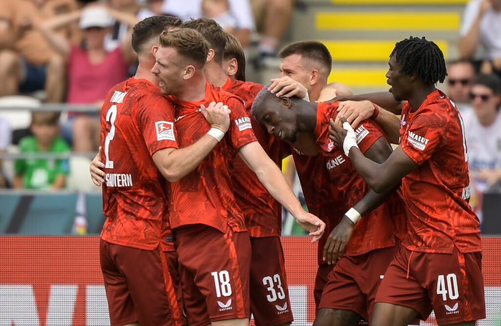 Ghanaian forward Aaron Opoku reacts to scoring against SSV Ulm 1846